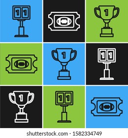 Set line Sport football mechanical scoreboard and result display, Award cup and American Football ticket icon. Vector