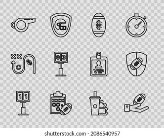 Set line Sport football mechanical scoreboard and result display, American Football on hand, Planning strategy concept, Whistle, ticket paper glass soda with drinking straw and shield icon. Vector