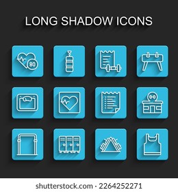 Set line Sport horizontal bar, Locker changing room, Heart rate, Metal rack with weight, Sleeveless t-shirt, Gym building and training program icon. Vector
