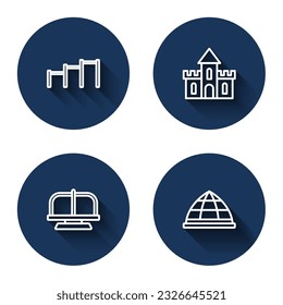 Set line Sport horizontal bar, Sand castle, Attraction carousel and Playground climbing equipment with long shadow. Blue circle button. Vector