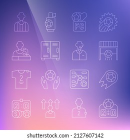 Set line Sport mechanical scoreboard, Soccer football ball, Football goal with, Fan club, Locker changing room, player press conference, soccer referee and commentator icon. Vector
