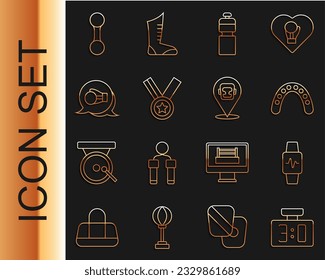 Set line Sport mechanical scoreboard, Smart watch with heart, Mouth guard boxer, Fitness shaker, Medal, Boxing glove, Dumbbell and helmet icon. Vector