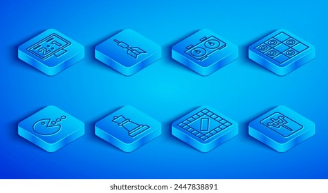 Set line Sport Mechanik Anzeiger, Pfeil Pfeil, Zeit Schach Uhr, Schach, Opslagstavle Spiel, von Schachbrettern, Pacman mit Fleisch und Mahjong Stücke Ikone. Vektorgrafik