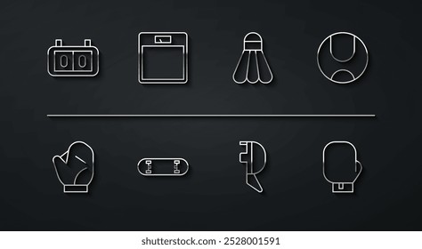 Set line Sport mechanical scoreboard, Baseball glove, Tennis, Fencing helmet mask, Skateboard trick, Bathroom scales, Boxing and Badminton shuttlecock icon. Vector