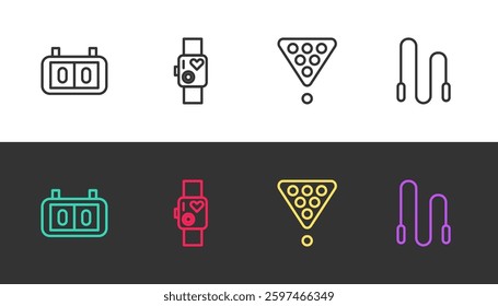 Set line Sport mechanical scoreboard, Smart watch showing heart beat rate, Billiard balls rack triangle and Jump rope on black and white. Vector