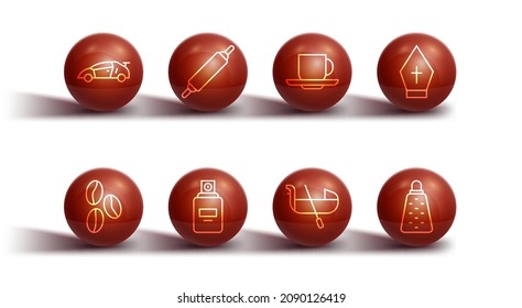Set line Sport racing car, Coffee beans, Pope hat, Gondola, Perfume, Rolling pin, Grater and cup icon. Vector