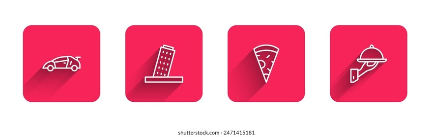 Set line Sport racing car, Tower Pisa, Slice of pizza and Covered with tray food with long shadow. Red square button. Vector