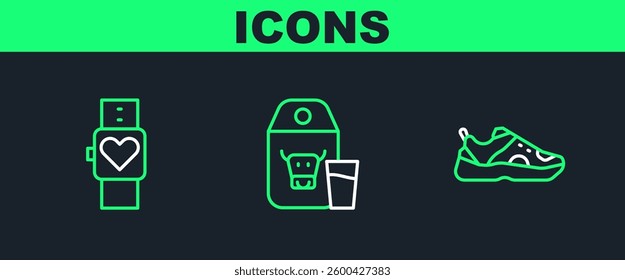 Set line Sport sneakers, Smart watch and Paper package for milk icon. Vector