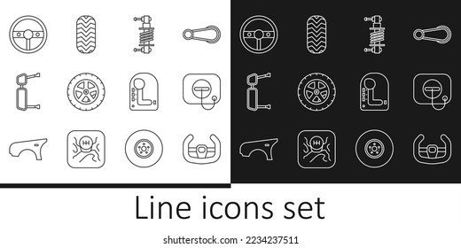 Set line Sport steering wheel, Oil filler cap at gas station, Shock absorber, Car, Truck side mirror, Steering, Gear shifter and tire icon. Vector