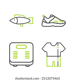 Set line Traje de pista deportivo, básculas de baño, zapatillas de deporte e ícono de pescado. Vector