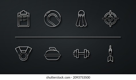 Línea de entrenamiento Deportivo, Medal, Deporte Target, Dumbbell, Stone para el juego de curling, Béisbol, flecha Dart e icono de la barcaza Badminton. Vector