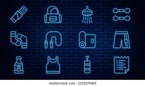 Set line Sport training program, Short pants, Shower, Jump rope, Socks, Protein sport bar, Fitness mat roll and bag icon. Vector