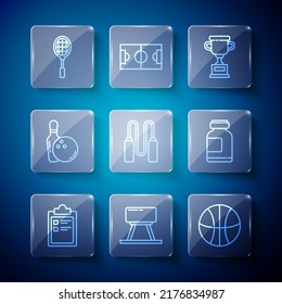 Set line Sport training program, Pommel horse, Basketball ball, Award cup, Jump rope, Bowling pin and, Tennis racket and Sports nutrition icon. Vector