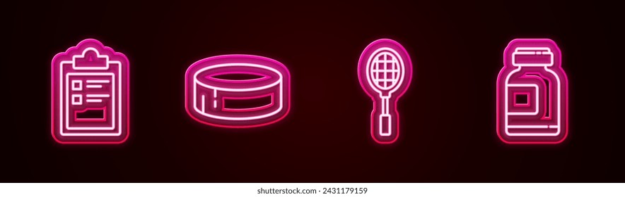 Set line Sport training program, Hockey puck, Tennis racket and Sports nutrition. Glowing neon icon. Vector