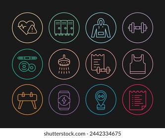 Set line Sport training program, Sleeveless t-shirt, Hoodie, Shower, Barbell, Heart rate,  and Locker changing room icon. Vector