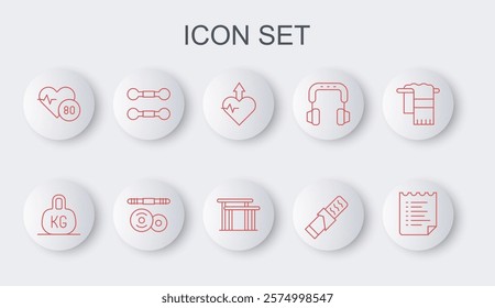 Set line Sport training program, Weight, Heartbeat increase, Protein sport bar, rate, Dumbbell, Barbell and Uneven bars icon. Vector