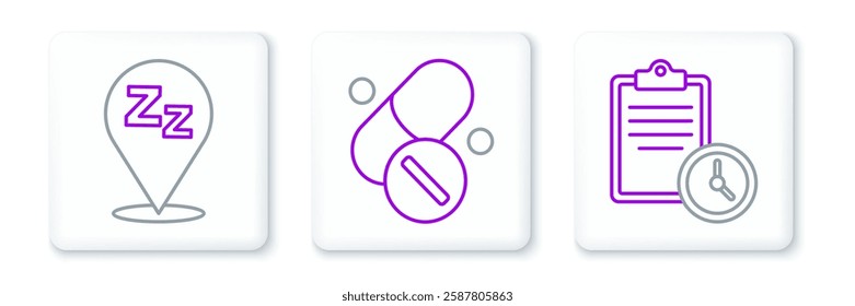 Set line Sport training program, Sleepy and Vitamin pill icon. Vector