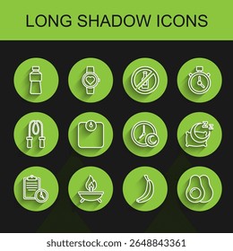Set line Sport training program, Aroma candle, Bottle of water, Banana, Avocado fruit, Bathroom scales, Time to sleep and  icon. Vector