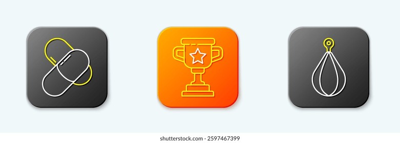 Set line Sports nutrition, Award cup and Punching bag icon. Vector