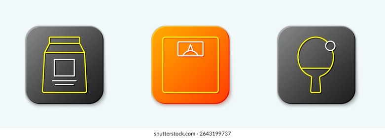 Set line Sports nutrition, Bathroom scales and Racket and ball icon. Vector