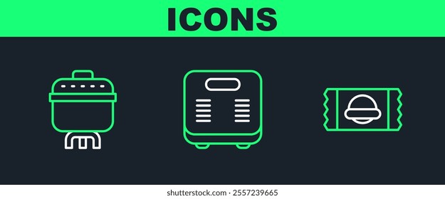 Set line Sports nutrition, Cooking pot and Bathroom scales icon. Vector