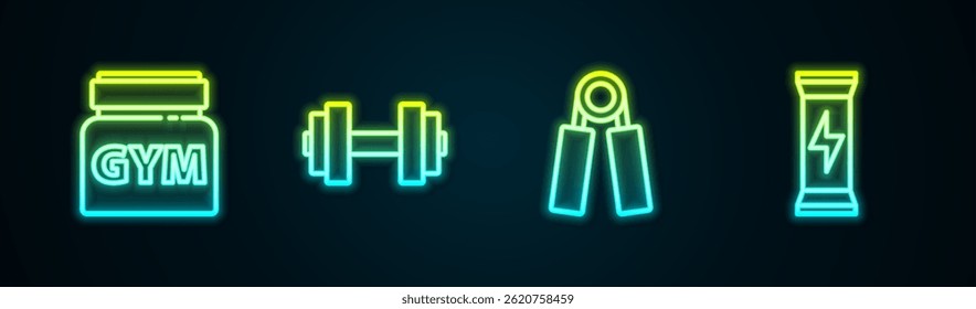 Set line Sports nutrition, Dumbbell, expander and . Glowing neon icon. Vector
