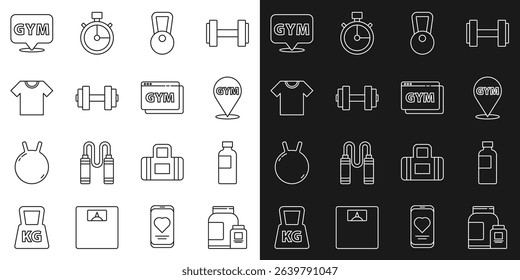 Set line Sports nutrition, Fitness shaker, Location gym, Kettlebell, Dumbbell, T-shirt,  and Online fitness and training icon. Vector