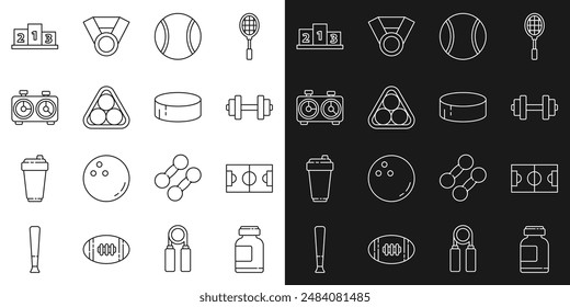 Set line Sports nutrition, Football soccer field, Dumbbell, Tennis, Billiard balls in rack triangle, Time chess clock, Award over sports winner podium and Hockey puck icon. Vector