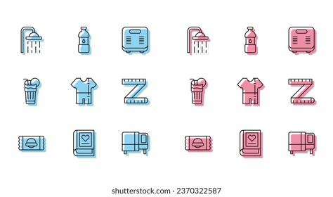 Set line Sports nutrition, Medical book, Shower head, Bed, track suit, Tape measure, Fresh smoothie and Bottle of water icon. Vector
