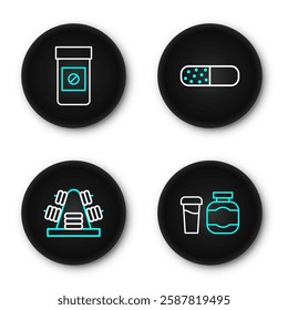 Set line Sports nutrition, Metal rack with weights, Vitamin pill and Anabolic drugs icon. Vector