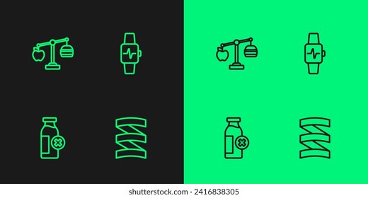 Set line Sports nutrition proteine, Lactose intolerance, Calorie calculator and Smart watch with heart icon. Vector
