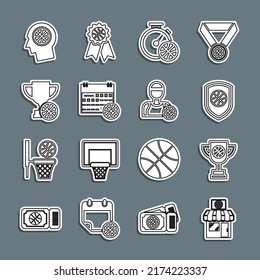 Set line Sports shop and basketball, Award cup with, Shield in the, Stopwatch, Basketball on sport calendar, Thoughts and player icon. Vector