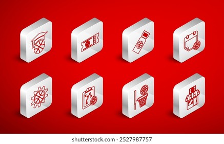 Set line Sports shop and basketball, Basketball game ticket, on sport calendar, training, Planning strategy and concept icon. Vector