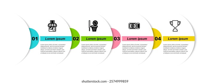 Set line Sports shop and basketball, Basketball, game ticket and Award cup. Business infographic template. Vector