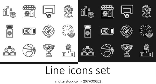 Set Line Sports Winner Podium, Clock With Basketball Ball, Basketball Backboard, Game Ticket, Planning Strategy And Shop And Icon. Vector