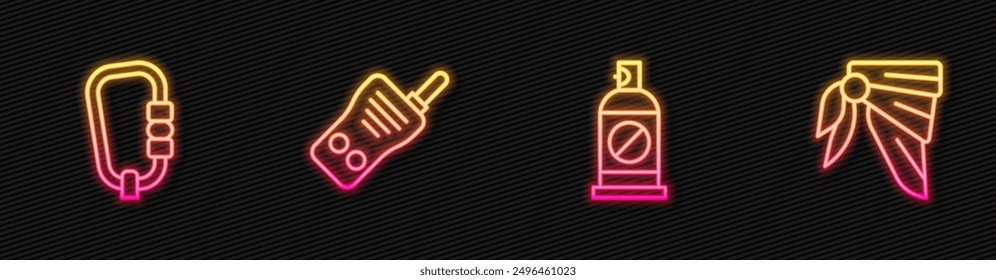 Set line Spray against insects, Carabiner, Walkie talkie and Bandana or biker scarf. Glowing neon icon. Vector