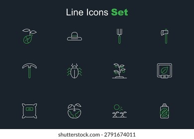 Set line Spray against insects, Plant sprouts grow the sun, Apple, Pack full of seeds, Seeds specific plant, Sprout, Colorado beetle and Pickaxe icon. Vector