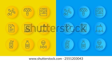 Set line Spray against insects, Radiation warning document, Radioactive waste barrel, Bones and skull, Witch cauldron, Chemical formula, Book about poisons and Fly agaric mushroom icon. Vector