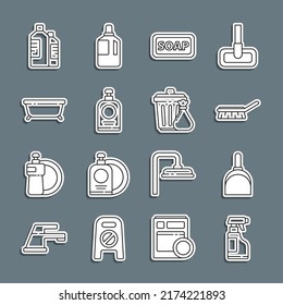 Set line Spray bottle with detergent liquid, Dustpan, Brush for cleaning, Bar of soap, Hand sanitizer, Bathtub, Bottles agent and Trash can garbage bag icon. Vector