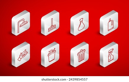 Set line Spray bottle with detergent liquid, Handle broom, Garbage bag, Fabric softener, Trash can, Shower head, Bucket soap suds and Washing hands icon. Vector