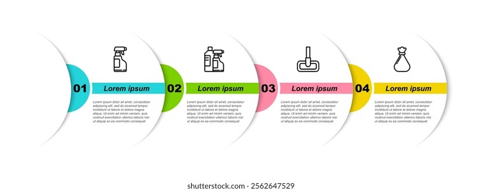 Set line Spray bottle with detergent liquid, Bottles for cleaning agent, Mop and Garbage bag. Business infographic template. Vector