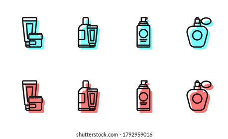 Set line Spray can for hairspray, Cream lotion cosmetic tube,  and Perfume icon. Vector