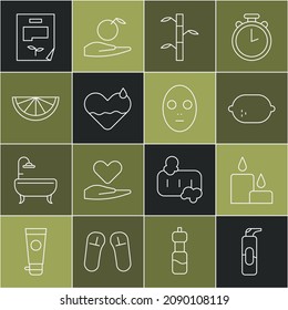 Fijar línea El spray puede para el spray de pelo, la vela quemante, el limón, los tallos de bambú con hojas, el corazón sanar, el cítrico, el documento de hoja e icono de máscara cosmética facial. Vector