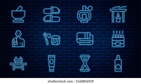 Set line Spray can for hairspray, Hot sauna stones, Aftershave, Wooden axe in stump, Man the, Mortar and pestle, Towel stack and Sauna slippers icon. Vector