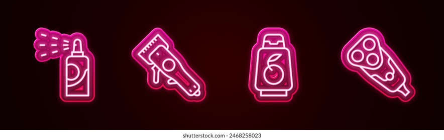 Set line Spray can for hairspray, Electrical clipper, Bottle of shampoo and razor blade. Glowing neon icon. Vector