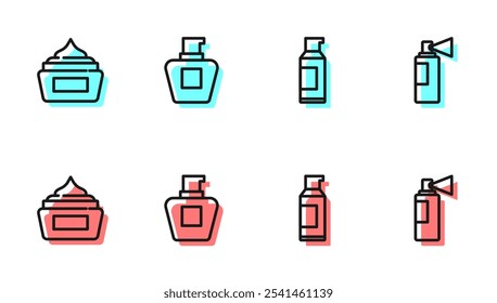 Set line Spray can for hairspray, Cream lotion cosmetic tube,  and Perfume icon. Vector
