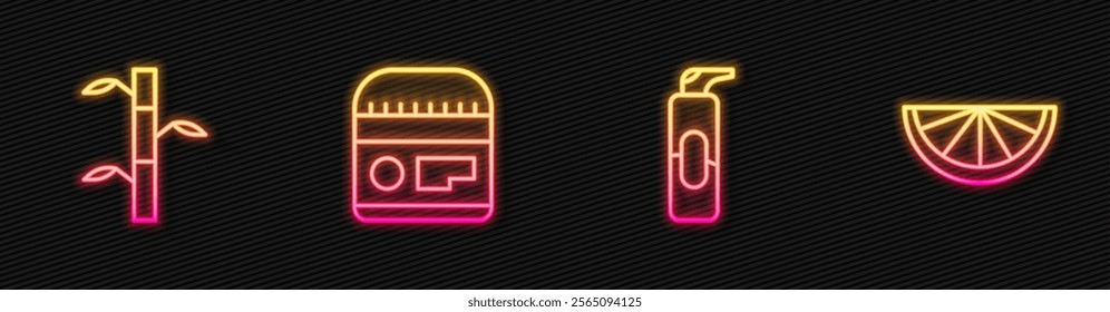 Set line Spray can for hairspray, Bamboo stems with leaves, Cream lotion cosmetic tube and Citrus fruit. Glowing neon icon. Vector