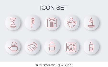 Set line Spray can for hairspray, Kettle with handle, Bathrobe, Sauna thermometer, hourglass, Hairbrush, sponge and bucket icon. Vector