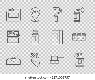 Set line Spray can nozzle cap, Paint spray gun, roller brush, Rubber gloves, Paint, gouache, jar, dye,  and  icon. Vector