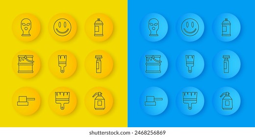 Set line Spray can nozzle cap, Paint bucket, brush, spray gun, Marker pen, Balaclava,  and Smile face icon. Vector